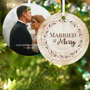 Custom Photo Married and Merry 1st xmas faux wood  Metal Tree Decoration