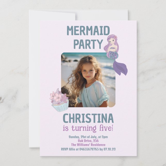 Custom Photo Mermaid Birthday Party Teal Purple Invitation (Front)