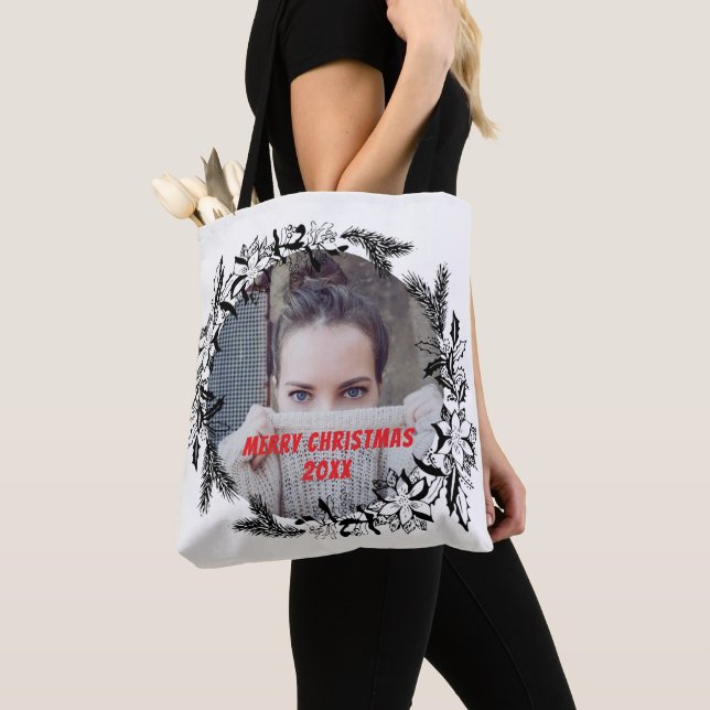 Custom Photo Merry Christmas Black Wreath  Tote Bag (Close Up)