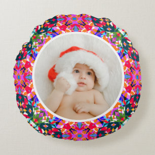 Custom Photo Merry Christmas Dopamine Decor Round Cushion