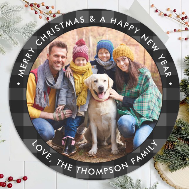 Custom Photo Merry Christmas Grey Buffalo Plaid  Classic Round Sticker (Creator Uploaded)