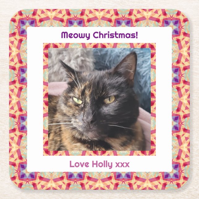 Custom Photo Merry Christmas Jolly Pet Cat Kitten Square Paper Coaster (Front)