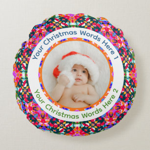 Custom Photo Merry Christmas Modern Colorful Round Cushion