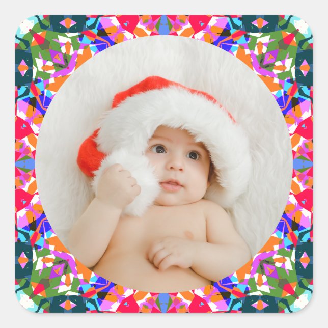 Custom Photo Merry Christmas Modern Colourful Square Sticker (Front)