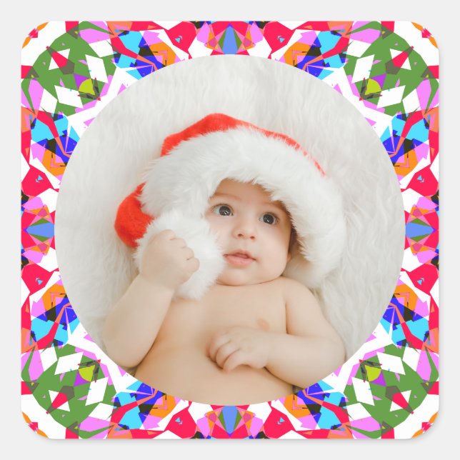 Custom Photo Merry Christmas Modern Colourful Square Sticker (Front)