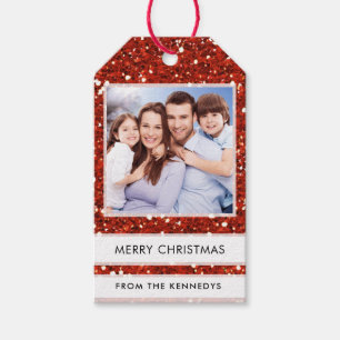 Custom Photo Merry Christmas Red Glitter Gift Tags
