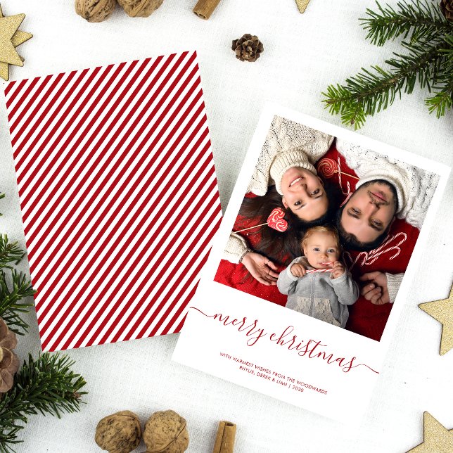 Custom Photo Merry Christmas Red Script Minimalist Holiday Card (Creator Uploaded)