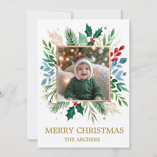 Custom Photo Merry Christmas Watercolor Botanical  Holiday Card (Front)