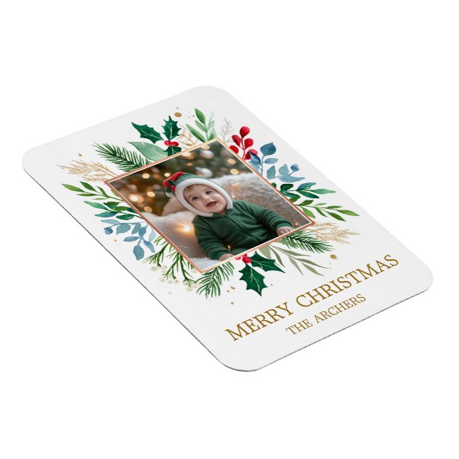 Custom Photo Merry Christmas Watercolor Botanical  Magnet (Right Side)