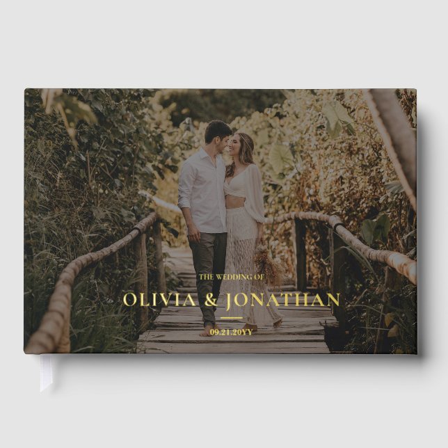 Custom Photo Minimal Black Foil Gold Wedding Guest Book (Front)