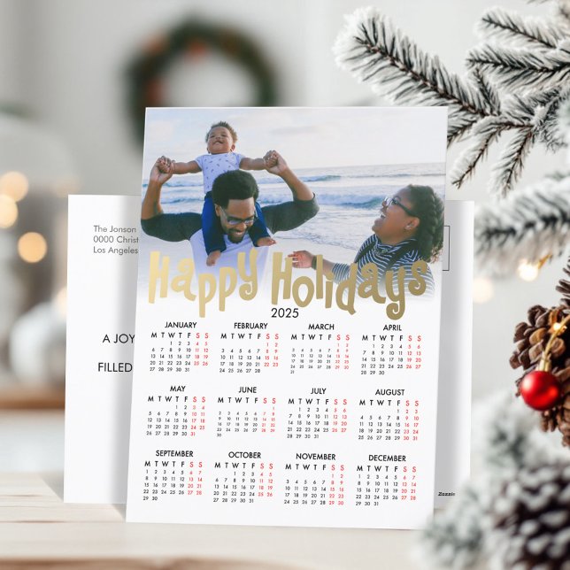 Custom Photo Minimalist Calendar 2025 Gold Holiday Postcard (Creator Uploaded)