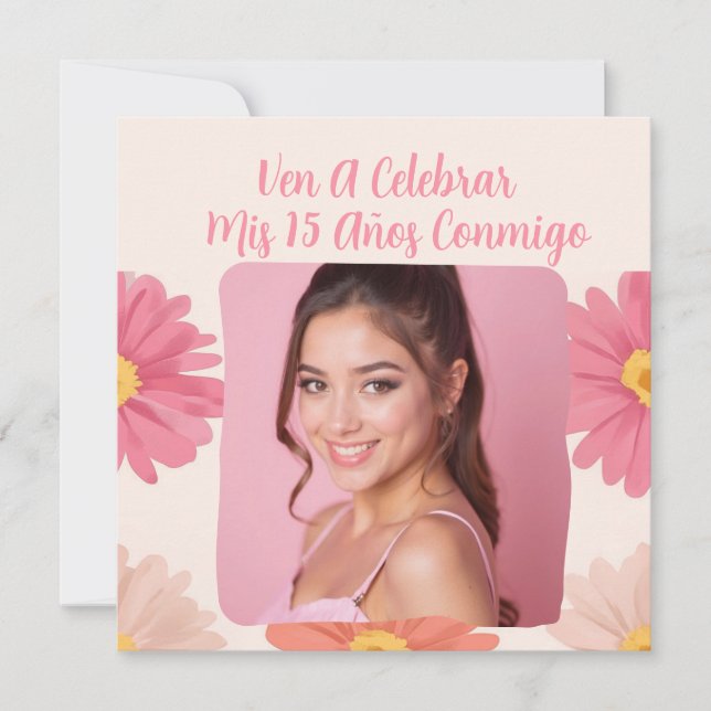 Custom Photo Mis Quince Flores Quinceañera Rosa Invitation (Front)