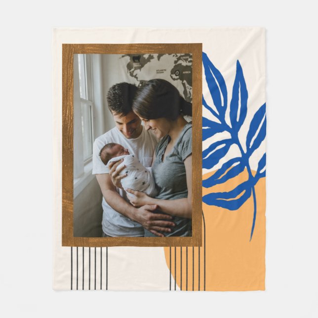 Custom Photo Modern Abstract Botanical Blue Yellow Fleece Blanket (Front)