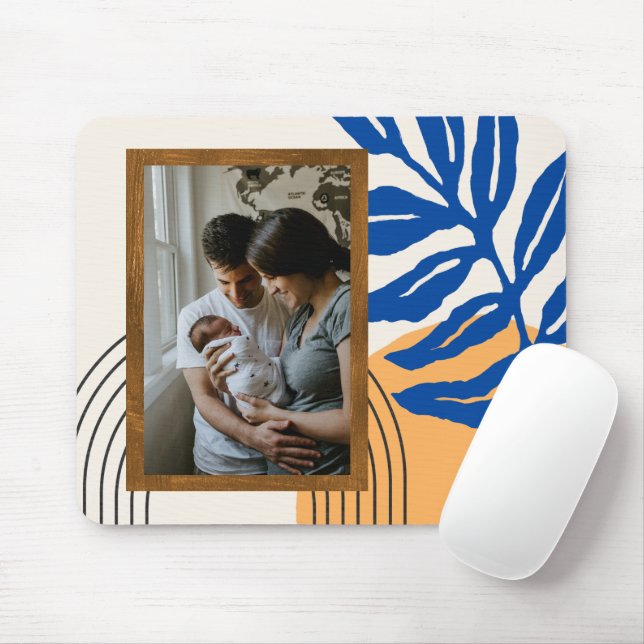 Custom Photo Modern Abstract Botanical Blue Yellow Mouse Mat (With Mouse)
