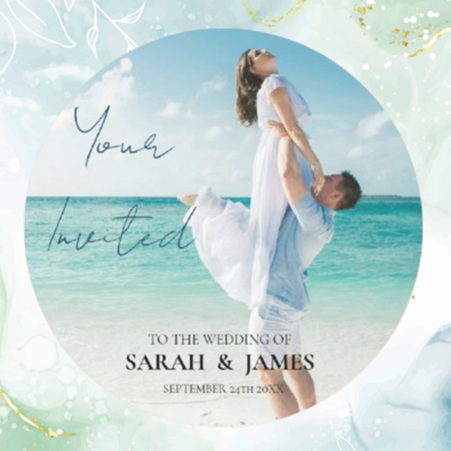 Custom Photo Modern Beach Wedding  Classic Round Sticker (Create lasting memories with custom photo modern beach wedding stickers.  )
