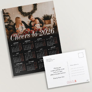 Custom Photo Modern Black Calendar 2026 Family Holiday Postcard