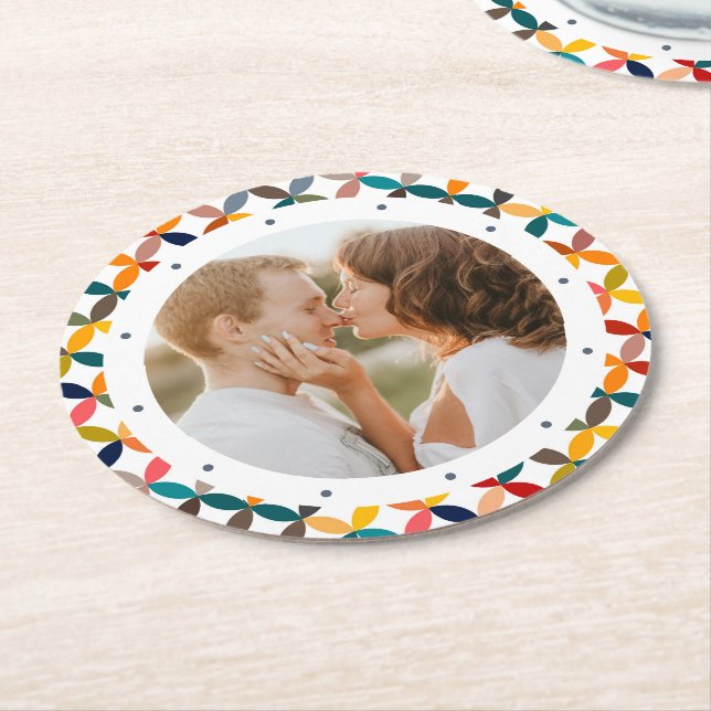 Custom Photo Modern Colourful Personalised Round Paper Coaster (Angled)