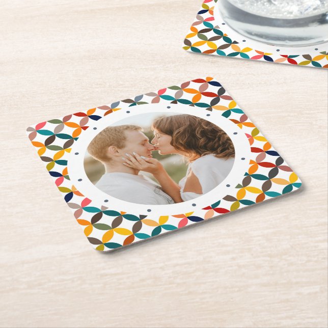 Custom Photo Modern Colourful Personalised Square Paper Coaster (Angled)