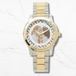 Custom Photo Modern Colourful Personalised Watch<br><div class="desc">Custom Photo Modern Colourful Personalised Watch features a colourful modern geometric pattern with your favourite photo in the centre. PHOTO TIP: centre your photo prior to uploading to Zazzle. Designed by Evco Studio www.zazzle.com/store/evcostudio</div>