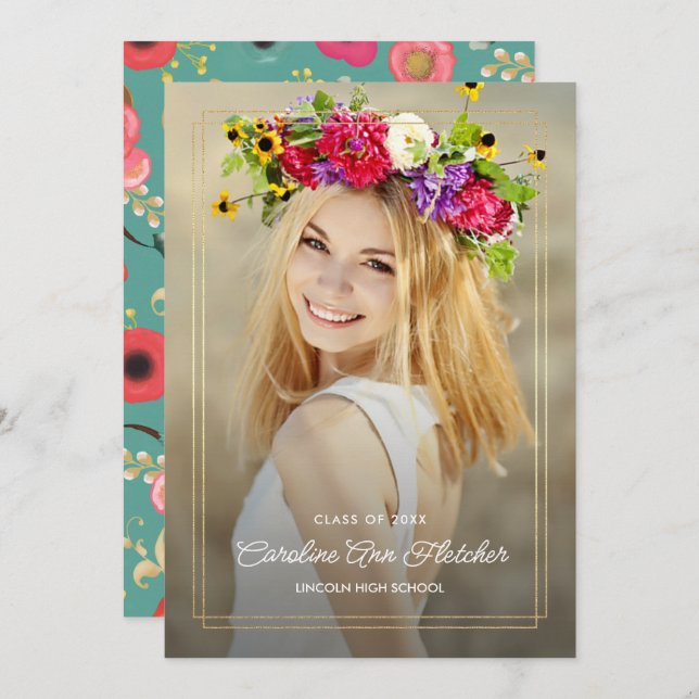 Custom Photo Modern Floral Graduation Announcement (Front/Back)