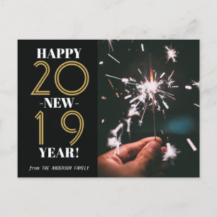 Custom Photo Modern Happy New Year 2019 Black Gold Postcard