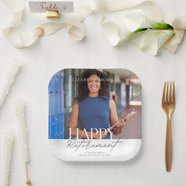 Custom Photo Modern Happy Retirement Party Paper Plate (Wedding)