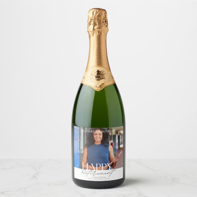 Custom Photo Modern Happy Retirement Party Sparkling Wine Label (Front)