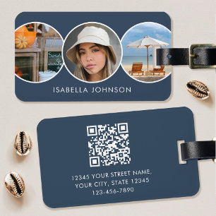 Custom Photo Modern Minimalist QR Code Slate Blue Luggage Tag