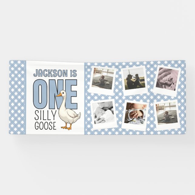 Custom Photo Modern One Silly Goose First Birthday Banner (Horizontal)