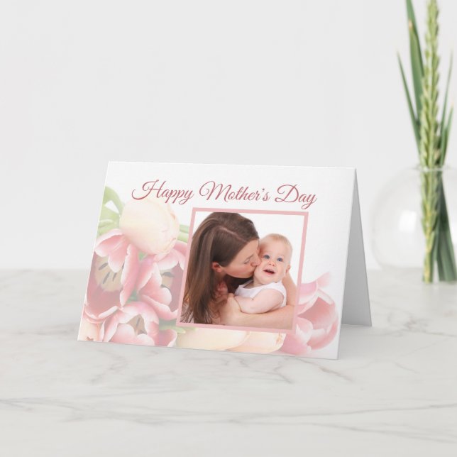 Custom Photo Modern Peach Pink Floral Mother's Day Card (Front)