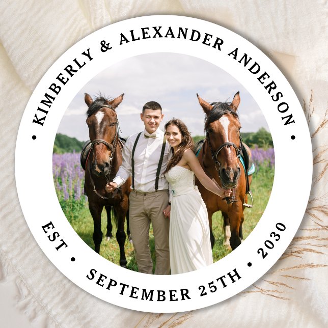 Custom Photo Modern Personalised Wedding  Classic Round Sticker (Creator Uploaded)