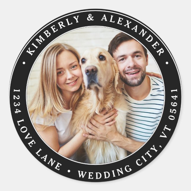  Custom Photo Modern Wedding Return Address  Classic Round Sticker (Front)