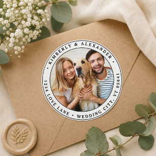 Custom Photo Modern Wedding Return Address Classic Round Sticker
