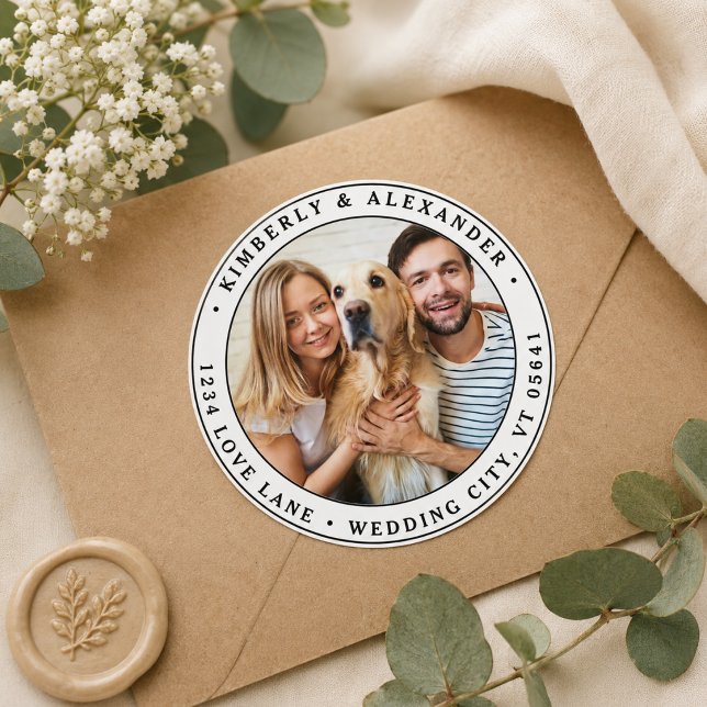  Custom Photo Modern Wedding Return Address  Classic Round Sticker (Custom Photo Modern Wedding Return Address Classic Round Sticker)