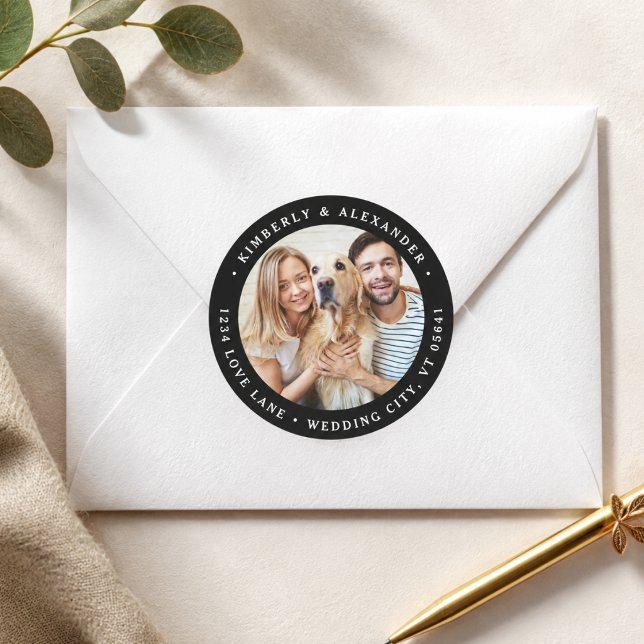 Custom Photo Modern Wedding Return Address  Classic Round Sticker (Custom Photo Modern Wedding Return Address Classic Round Sticker)