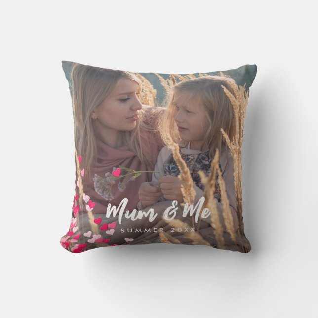 Custom Photo Modern Writing Scattered Pink Hearts Cushion (Front)
