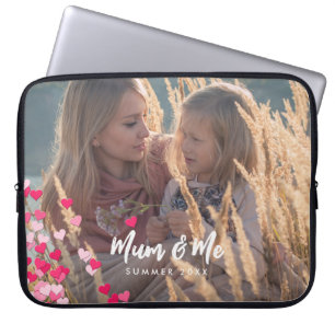 Custom Photo Modern Writing Scattered Pink Hearts Laptop Sleeve