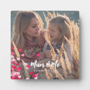 Custom Photo Modern Writing Scattered Pink Hearts Plaque