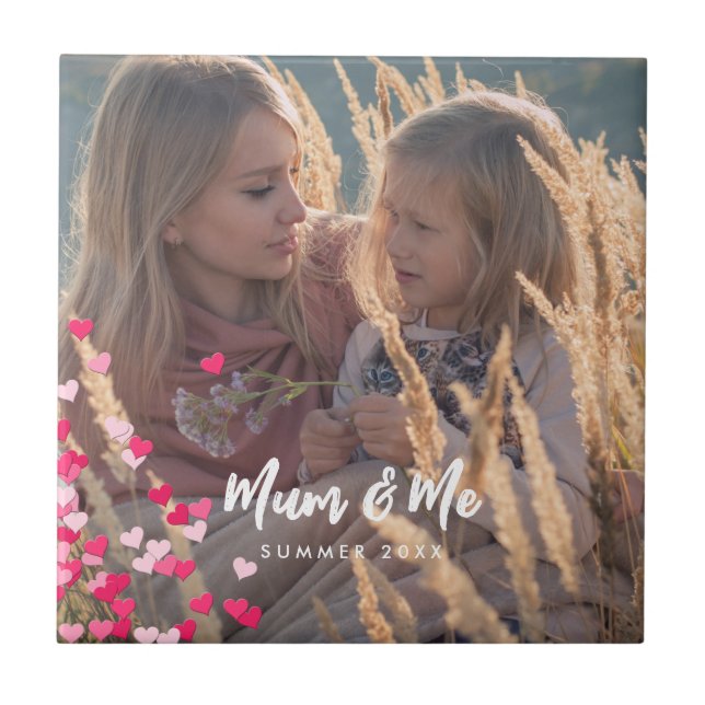 Custom Photo Modern Writing Scattered Pink Hearts Tile (Front)