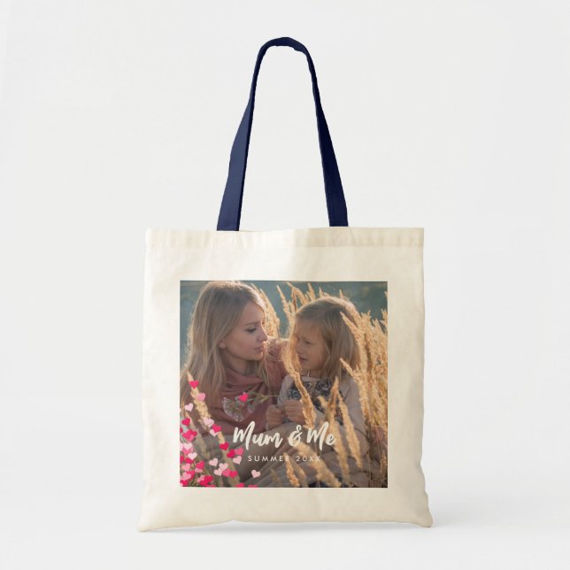 Custom Photo Modern Writing Scattered Pink Hearts Tote Bag (Front)