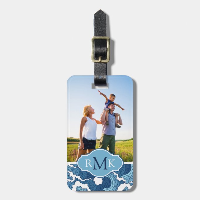 Custom Photo & Monogram Abstract Waves Luggage Tag (Front Vertical)
