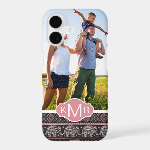 Custom Photo & Monogram Black Elephant Pattern