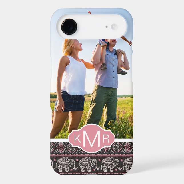 Custom Photo & Monogram Black Elephant Pattern Case-Mate iPhone Case (Back)