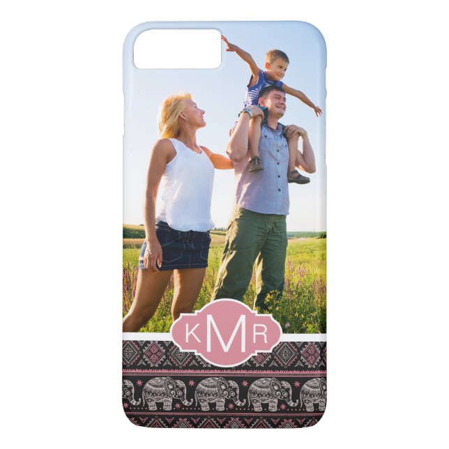 Custom Photo & Monogram Black Elephant Pattern Case-Mate iPhone Case (Back)