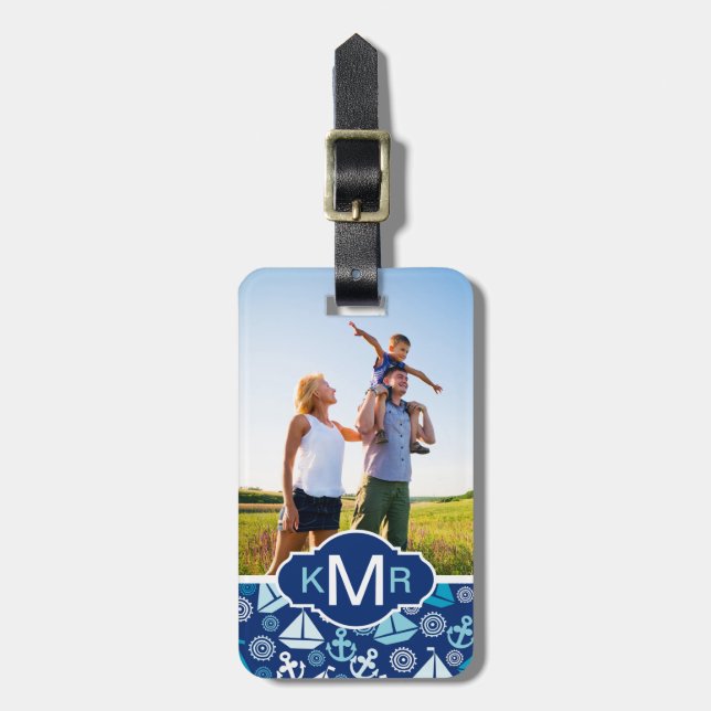Custom Photo & Monogram Cartoon Sailboats Pattern Luggage Tag (Front Vertical)