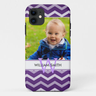 Custom Photo & Monogram Chevron Pattern Purple iPhone 11 Case
