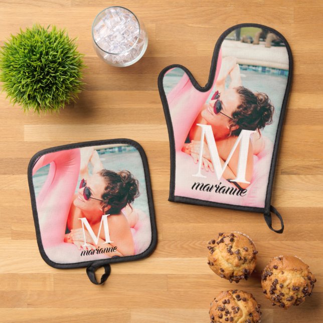 Custom Photo Monogram Chic Oven Mitt & Pot Holder Set (Top Down)
