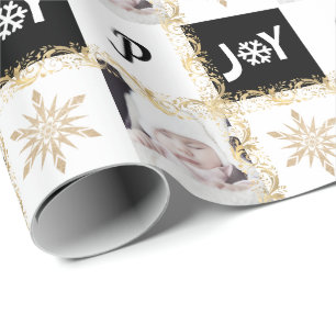 Custom Photo Monogram Gold & Black Christmas Joy  Wrapping Paper