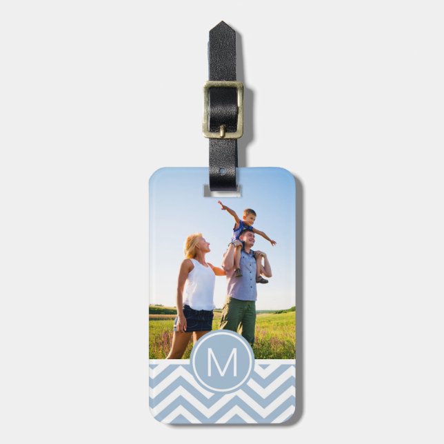 Custom Photo & Monogram Light Blue Chevron Luggage Tag (Front Vertical)