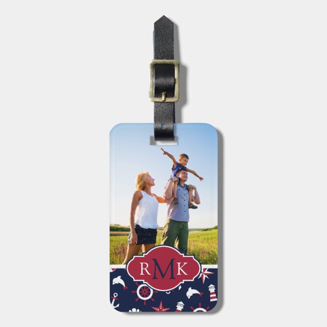 Custom Photo & Monogram Nautical Sea Pattern Luggage Tag (Front Vertical)